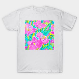 Preppy pink, turquoise and yellow large scale orchids T-Shirt